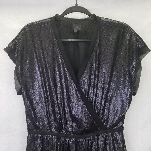 Banana Republic BR Sequined Sheath Dress 6 Matte Black Crossover Surplice Mini - Picture 2 of 14